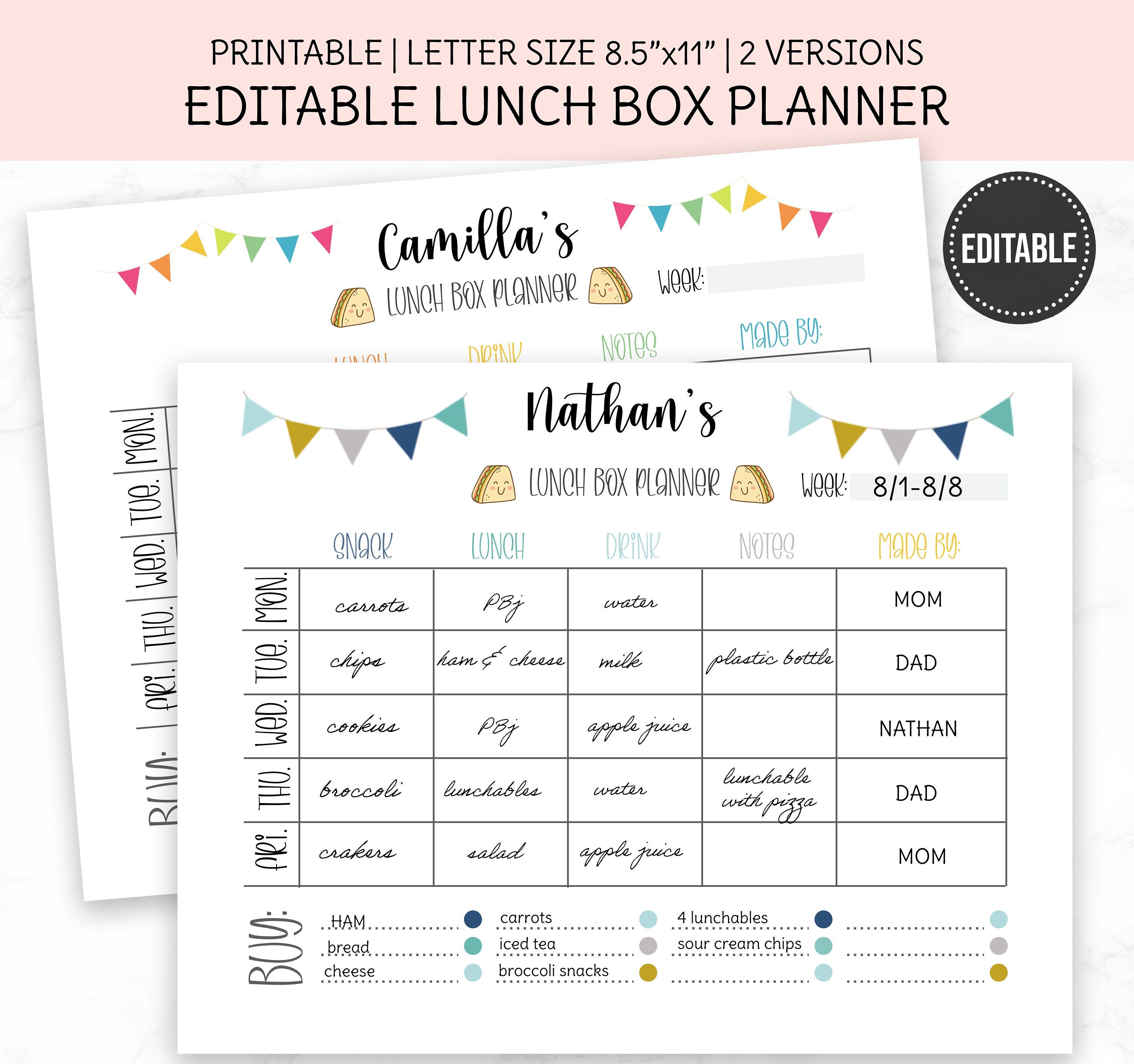 Lunch Box Planner Template Printable Lunch Box Meal Planner Etsy Espa a