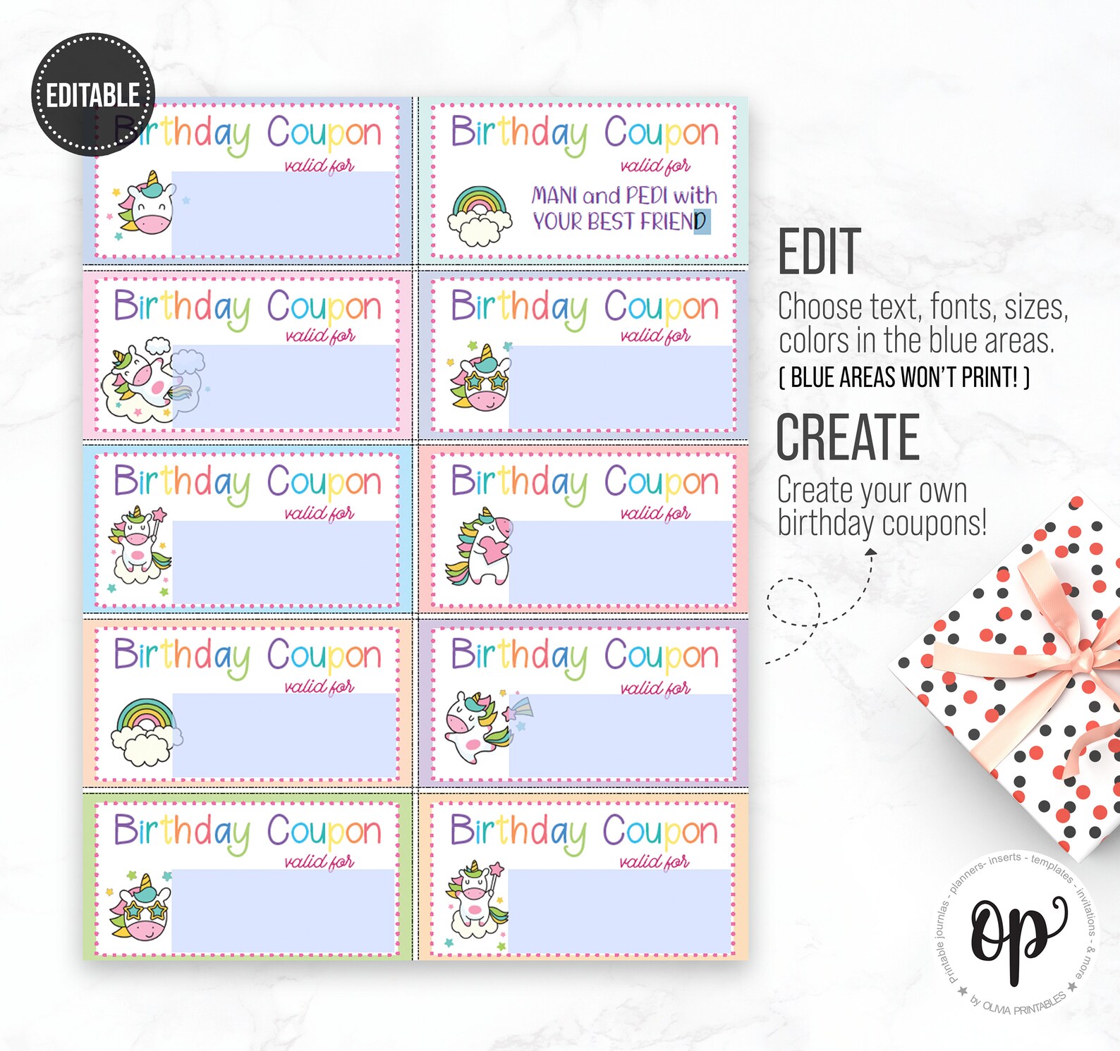 Unicorn Birthday Coupons, Kid Bday Present, Editable and Printable