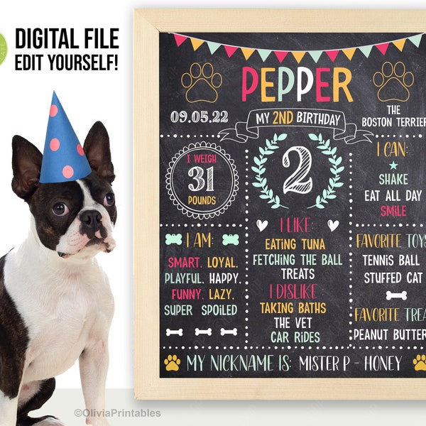EDITABLE Pet Birthday Chalkboard, Dog Birthday Sign, Birthday Stats for Puppy Dog, Dog Milestone Board, Photo Prop, Dog Personalized Sign
