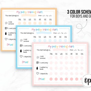 May include: Three printable potty training charts with different color schemes. Each chart has a checklist for children to track their progress with potty training. The charts include tasks like telling someone, going potty, washing hands, and staying dry. Each chart has a space for a prize.