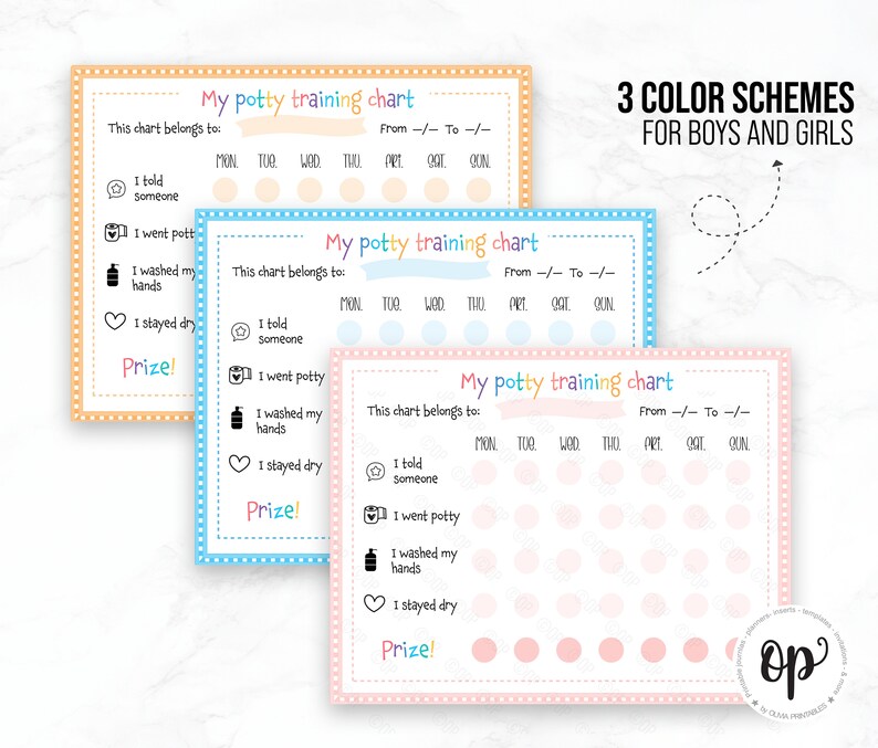 May include: Three printable potty training charts with different color schemes. Each chart has a checklist for children to track their progress with potty training. The charts include tasks like telling someone, going potty, washing hands, and staying dry. Each chart has a space for a prize.