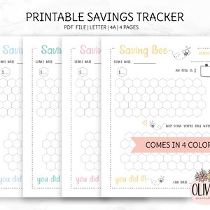 May include: Printable savings tracker with four pages, each featuring a honeycomb grid and the text "Saving Bee". The tracker is designed to help users track their savings progress. The pages are available in four colors: blue, pink, yellow, and white.