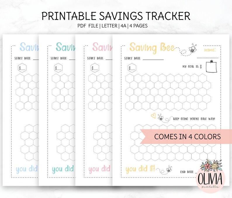 May include: Printable savings tracker with four pages, each featuring a honeycomb grid and the text "Saving Bee". The tracker is designed to help users track their savings progress. The pages are available in four colors: blue, pink, yellow, and white.