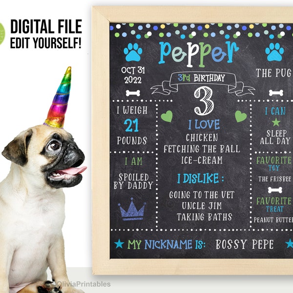 EDITABLE Pet Birthday Sign, Dog Birthday Chalkboard, Birthday Stats for Puppy Dog, Dog Milestone Board, Photo Prop, Dog Personalized Sign