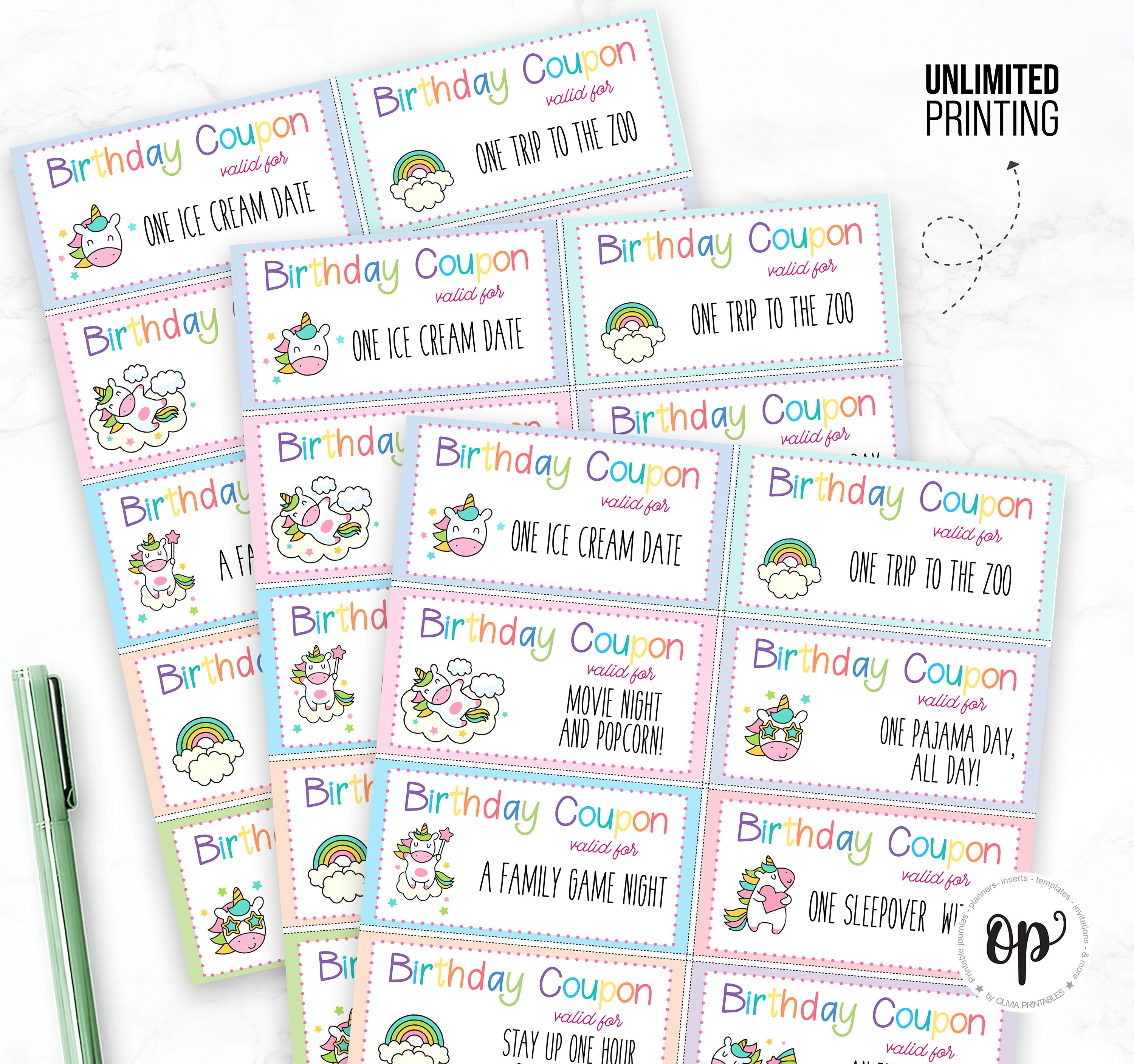 Unicorn Birthday Coupons, Kid Bday Present, Editable and Printable