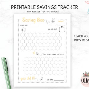 May include: Printable savings tracker for kids featuring a bee theme. The tracker has two honeycomb grids for tracking savings goals. The text "Saving Bee" is at the top of the page.