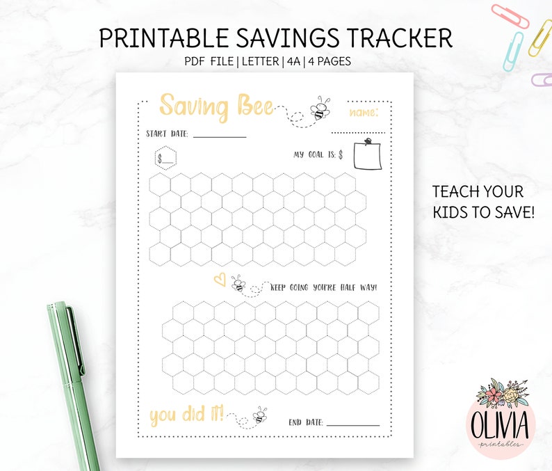 May include: Printable savings tracker for kids featuring a bee theme. The tracker has two honeycomb grids for tracking savings goals. The text "Saving Bee" is at the top of the page.