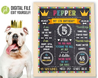 May include: A framed chalkboard-style sign with colorful polka dots and text. The sign says "Pepper" and "My 5th Birthday!" with a list of likes, dislikes, and nicknames. A white English bulldog wearing a gold crown is to the left.