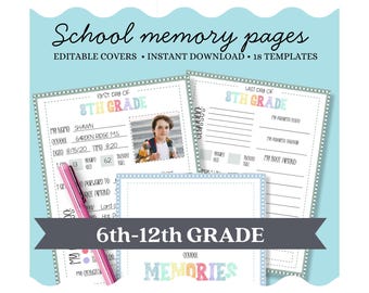 Printable School Memory Book for Teens, First and Last Day of School Pages, Middle and High School Students, 6th to 12th Grade, PDF
