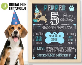 EDITABLE Pet Birthday Sign, Birthday Stats for Puppy Dog, Dog Milestone Board, Dog Birthday Chalkboard, Photo Prop, Dog Personalized Sign