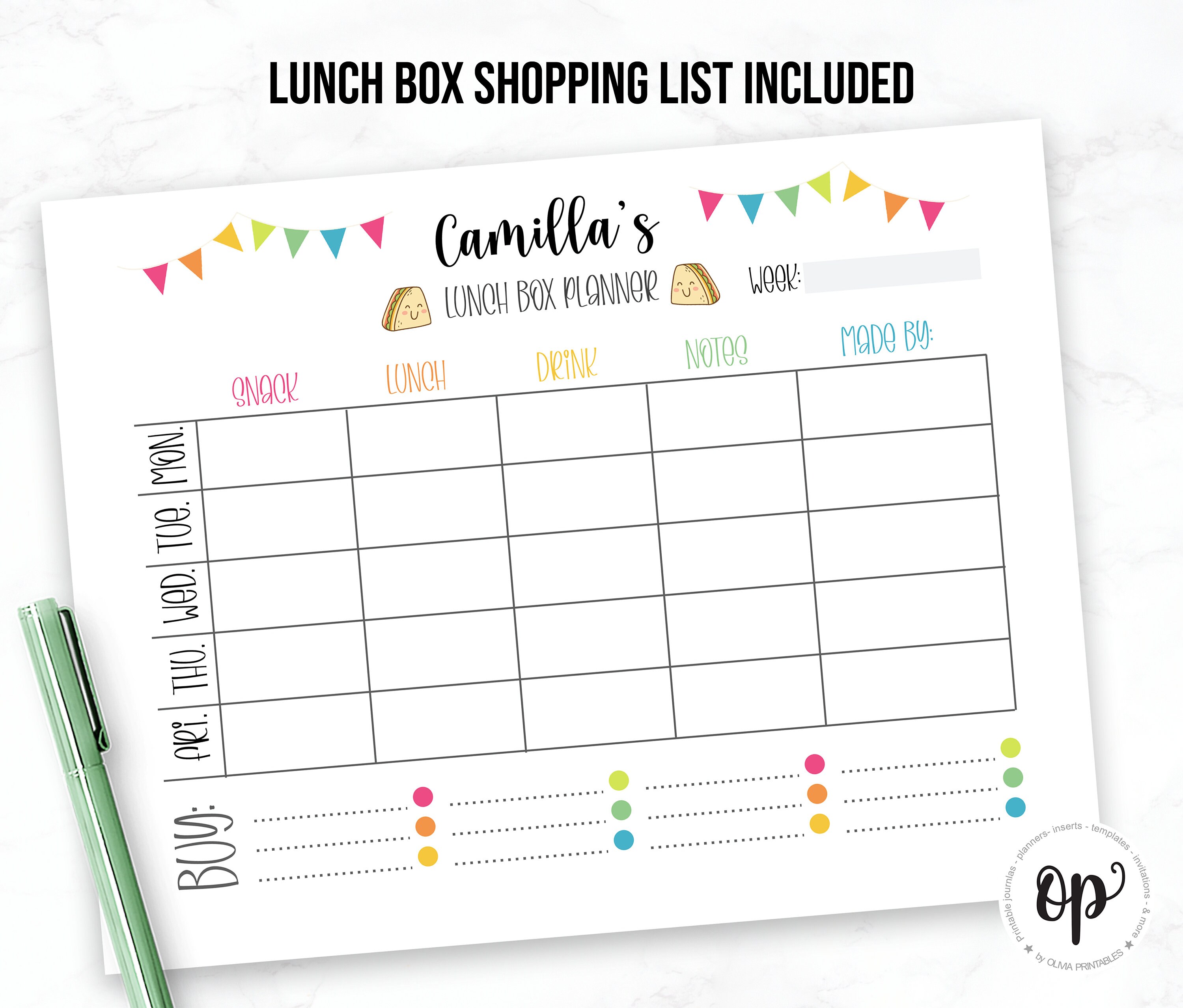 Lunch Box Planner Template, Printable Lunch Box, Meal Planner, Menu