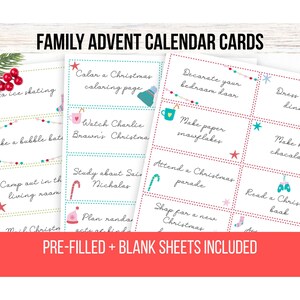 May include: Family Advent Calendar Cards with pre-filled and blank sheets. The cards feature Christmas-themed activities like ice skating, making paper snowflakes, and attending a Christmas parade. The cards are decorated with festive illustrations.