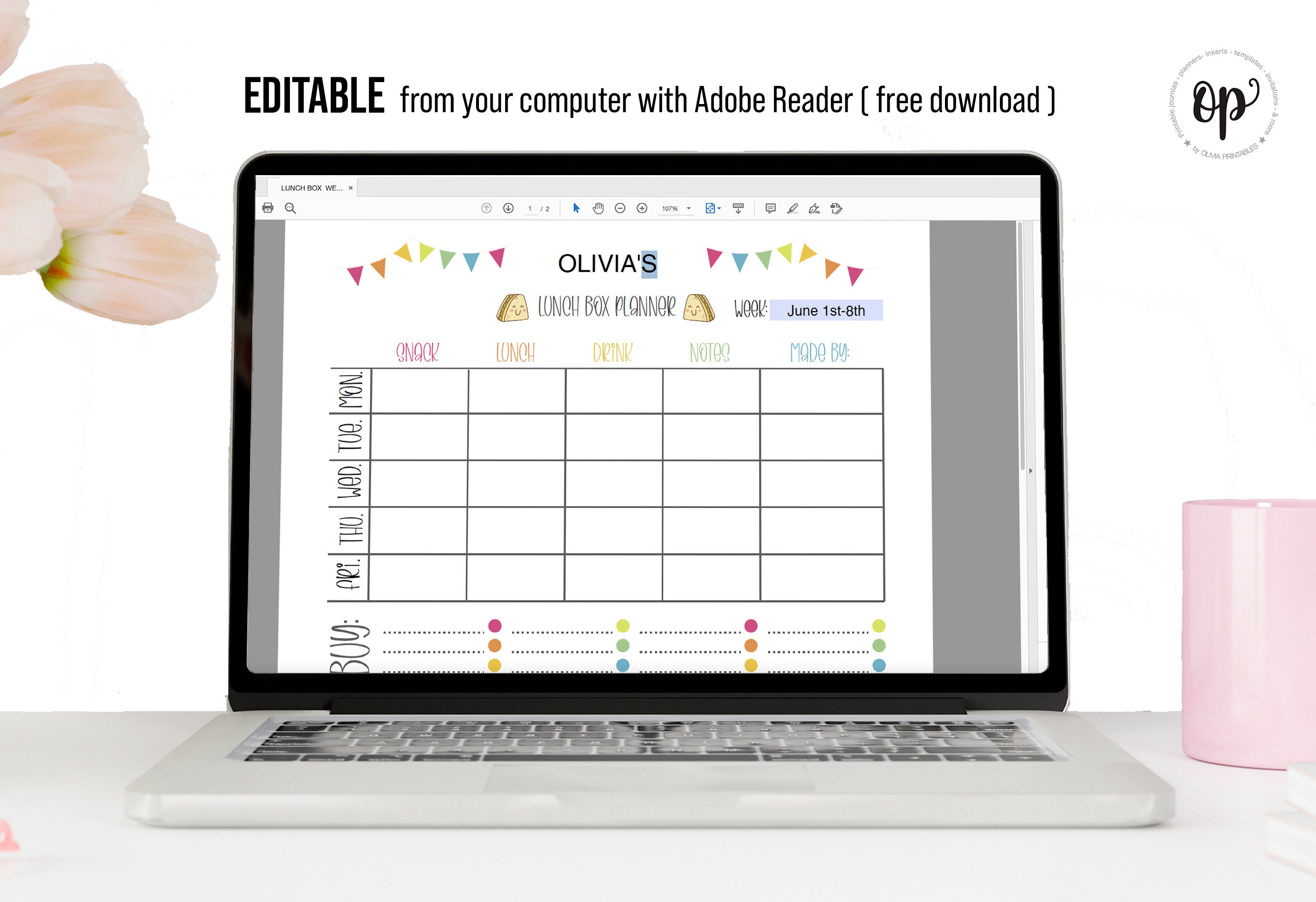 Lunch Box Planner Template, Printable Lunch Box, Meal Planner, Menu
