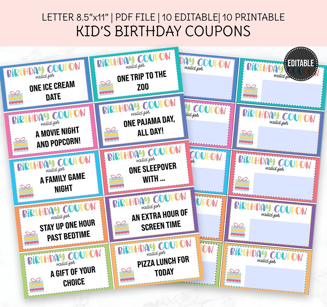 Birthday Coupons for Kids, Editable Gift Coupons, Prefilled Bday