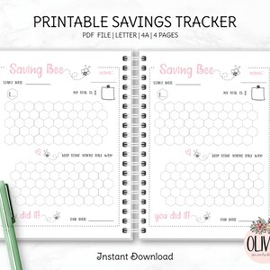 May include: Printable savings tracker with a bee theme. The tracker has two pages with a honeycomb design and space to track savings goals. The text "Saving Bee" is at the top of each page.