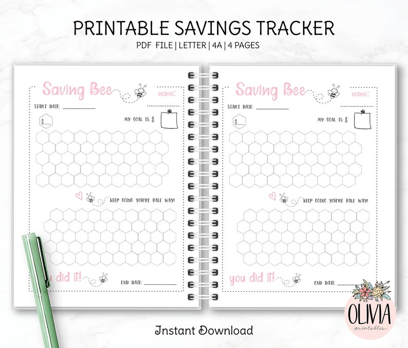 May include: Printable savings tracker with a bee theme. The tracker has two pages with a honeycomb design and space to track savings goals. The text "Saving Bee" is at the top of each page.