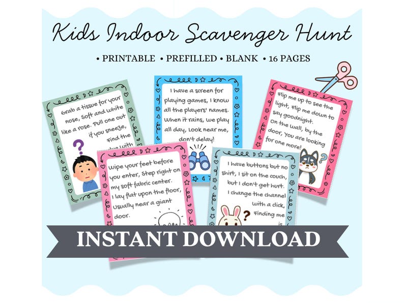 Printable Indoor Scavenger Hunt for Kids | Birthday Party Game | Rainy ...