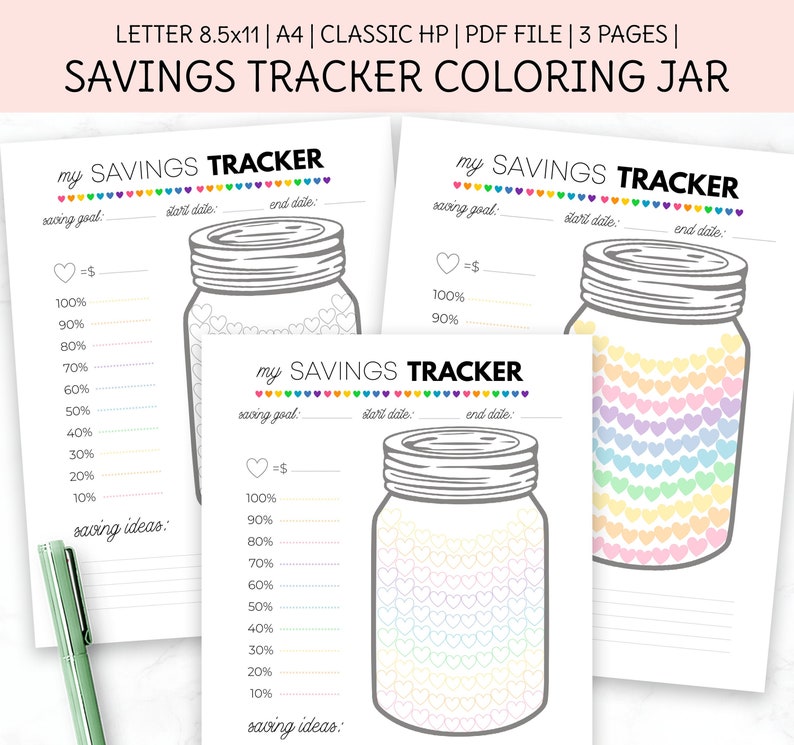 K&ouml;nnte beinhalten: Druckbarer Spar-Tracker mit drei Seiten, die ein Glas mit Herzen zum Ausmalen zeigen. Das Glas ist mit "mein Spar-Tracker" beschriftet und hat Zeilen f&uuml;r Sparziel, Startdatum und Enddatum. Das Glas ist in Prozents&auml;tze von 10 % bis 100 % unterteilt und hat einen Platz f&uuml;r Sparideen.