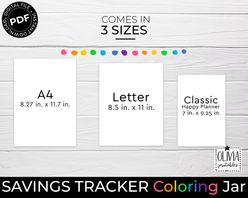 K&ouml;nnte beinhalten: Ein druckbarer Sparplan in drei Gr&ouml;&szlig;en: A4 (8,27 x 11,7 Zoll), Letter (8,5 x 11 Zoll) und Classic Happy Planner (7 x 9,25 Zoll).