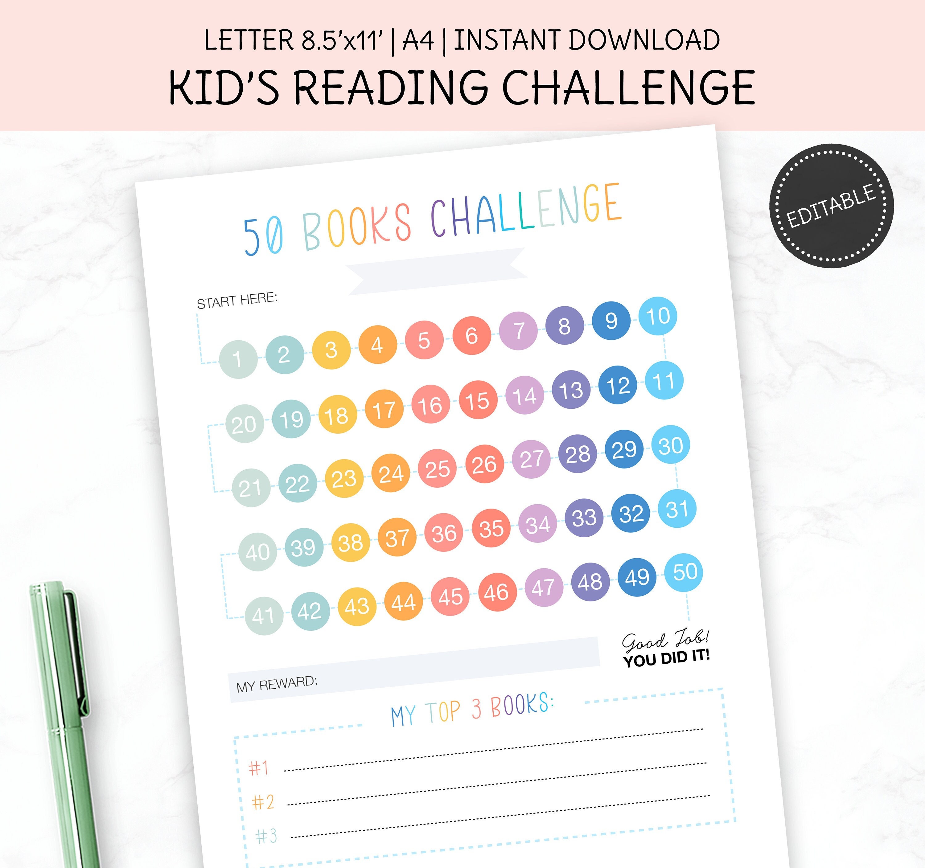 PRINTABLE Reading Challenge Chart, 50 Books Reading Tracker, Kids ...