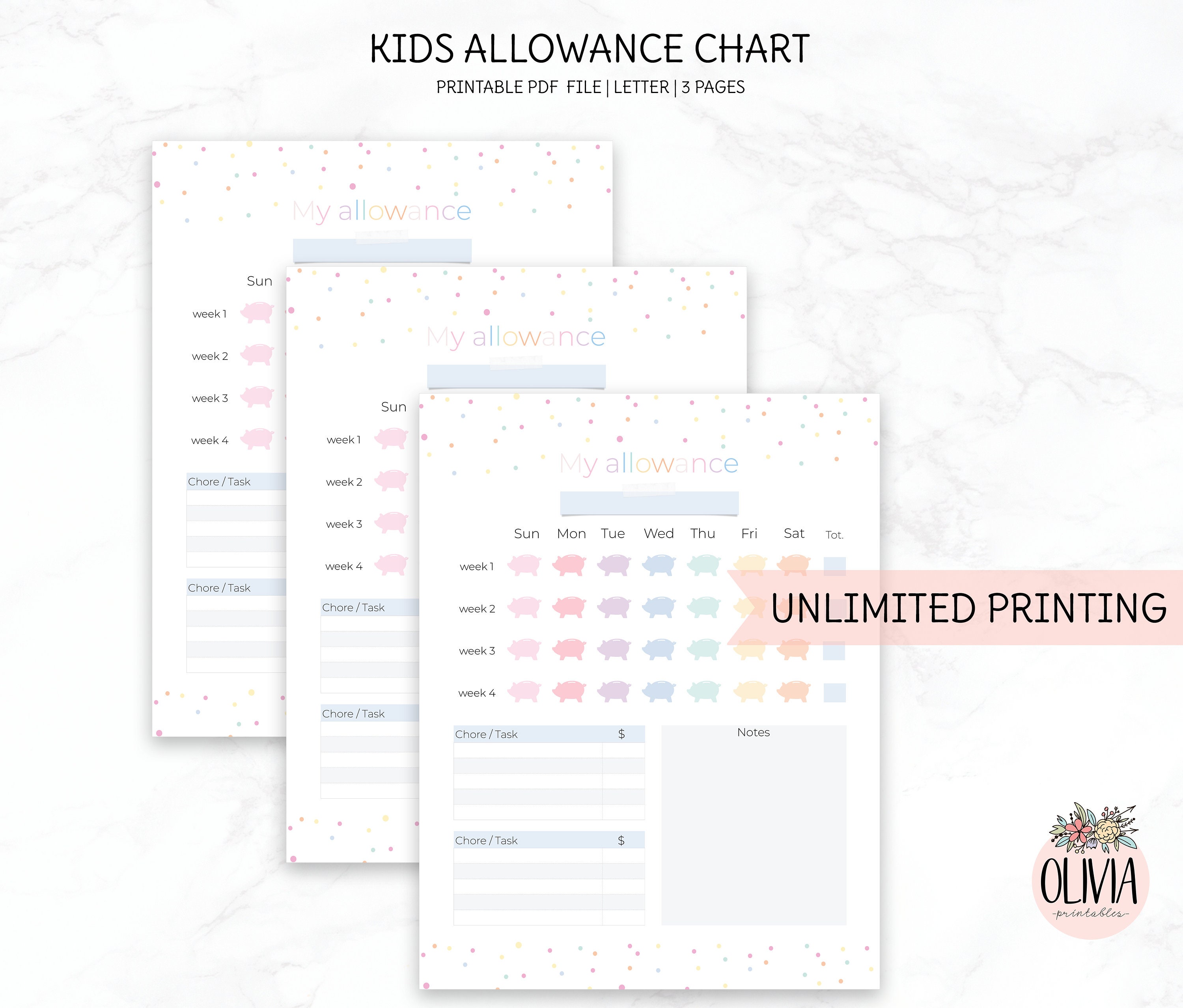 Kids Allowance Chart, Printable Template, Editable Allowance Tracker ...