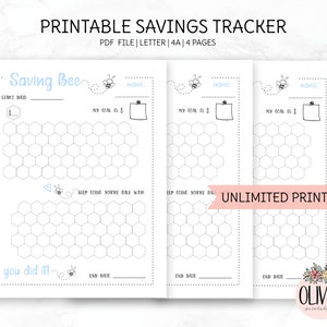 May include: Printable savings tracker with a bee theme. The tracker has a honeycomb design and space to write in your savings goal, start date, and end date. The text "Saving Bee" is in blue and the text "You did it!" is in blue with a bee illustration.