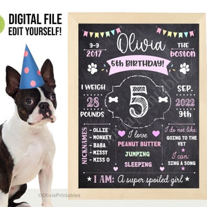 EDITABLE Pet Birthday Sign, Dog Birthday Chalkboard, Birthday Stats for Puppy Dog, Dog Milestone Board, Photo Prop Poster, Personalized Sign