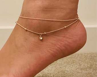 Crystal & Bead Ankle Bracelet Double Layer Anklet Adjustable Chain Foot Beach Jewelry Rose Gold or Silver