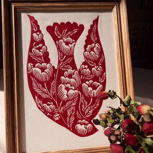 Original linocut: Flowery flight - Handmade engraving.