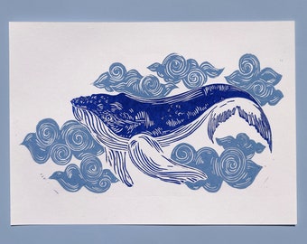 Linocut Whales in the clouds - Handmade engraving. Handmade linocut