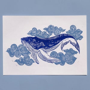 Linocut Whales in the clouds - Handmade engraving. Handmade linocut