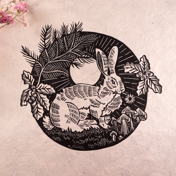 Linogravure originale : Les Lapins, imprimée sur du papier Lokta  - Gravure artisanale à la main. Handmade linocut