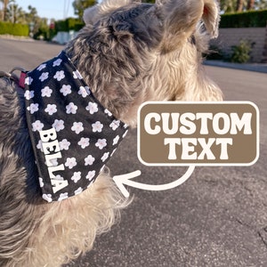 Personalized Dog Bandana | Black with Daisys | Tie & Snap | Dog Neckerchief | Dog Scarf | Dog Mom | Puppy Gift