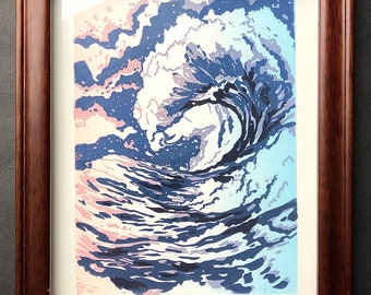 Ocean Wave Handmade Linocut Print - Color Multilayer Edition