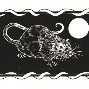 Rat and Moon Handmade Linocut Print 7”x10”