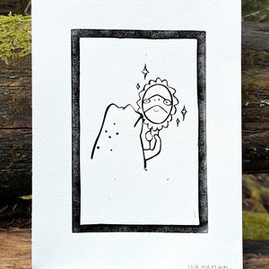 Frog in Mirror 6”x8” Handmade Linocut Print