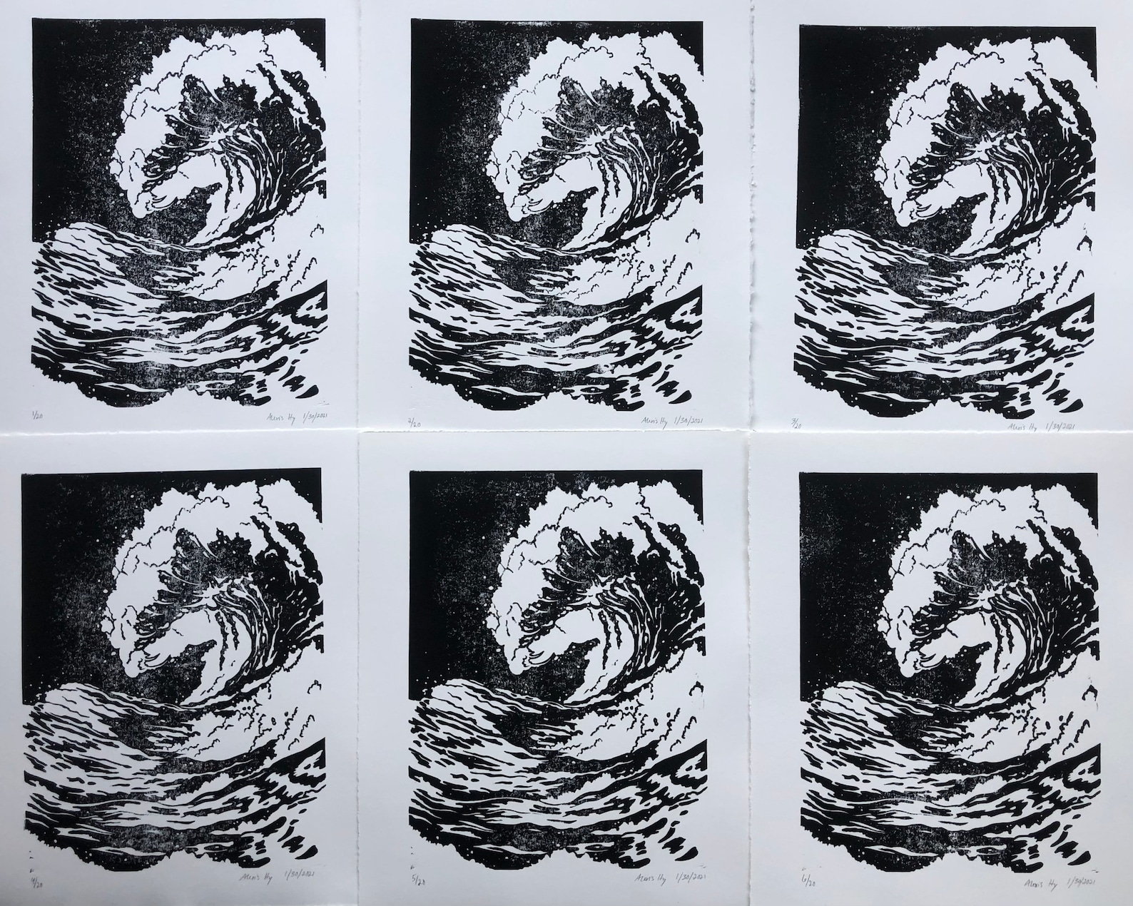 Ocean Wave Linocut Print Black and White Edition Etsy