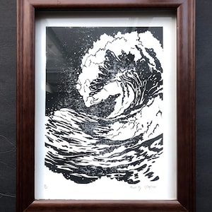 Ocean Wave Handmade Linocut Print - Black and White Edition