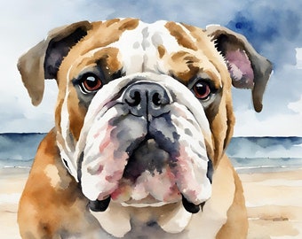 Engelse Bulldog aquarel print PDF strand honden afdrukbare kust decor huisdier kunst aan de muur vakantiehuis puppy Ocean Vibes digitale download