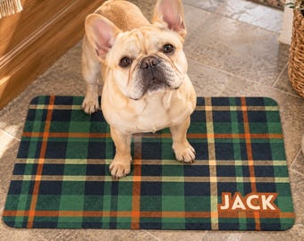Custom Winter Plaid Pet Food Mat Personalized Name for Dog or Cat Classic Tartan Forest Green Navy Rustic Non Slip Easy Clean Dog Gift