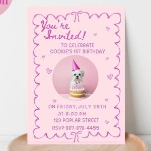 Convite de 1º aniversário para cachorro, modelo rosa editável, ideia moderna para festa de filhotes, convite personalizável, download instantâneo, coquete exclusivo para impressão