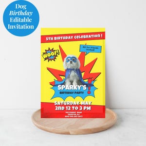 Convite para festa de aniversário de cachorro super-herói, modelo digital editável para download, modelo de festa personalizado para impressão, design personalizável para comemoração de animais de estimação