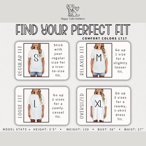 Puede incluir: Gu&iacute;a de tallas de camisetas blancas con diferentes cortes: regular, relajado, suelto y oversize. El texto "FIND YOUR PERFECT FIT" est&aacute; en la parte superior. Datos del modelo: altura 1,65 m, peso 59 kg, busto 91 cm, cintura 69 cm.