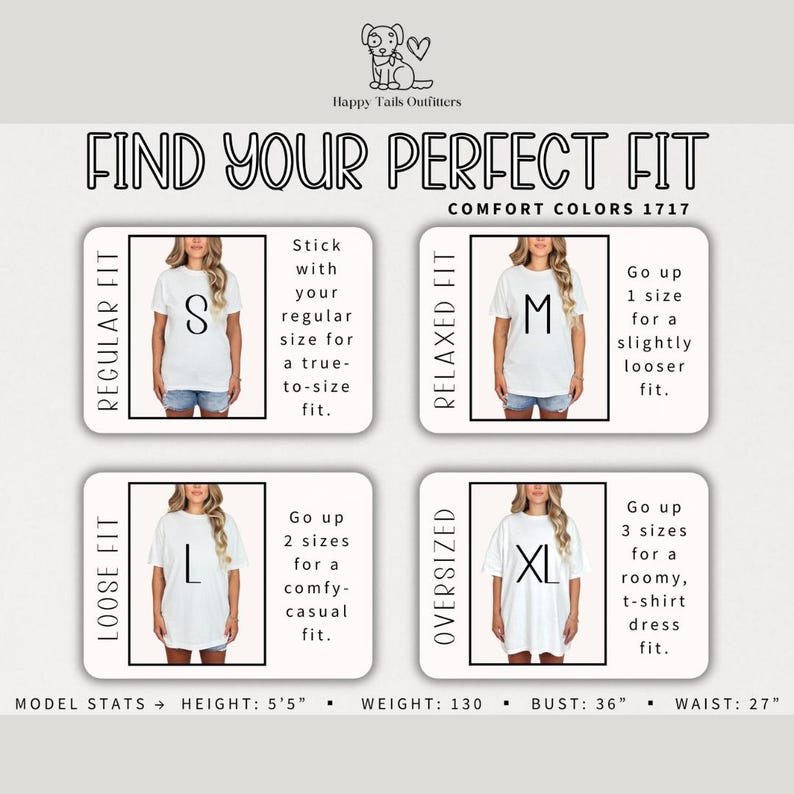 Puede incluir: Gu&iacute;a de tallas de camisetas blancas con diferentes cortes: regular, relajado, suelto y oversize. El texto "FIND YOUR PERFECT FIT" est&aacute; en la parte superior. Datos del modelo: altura 1,65 m, peso 59 kg, busto 91 cm, cintura 69 cm.