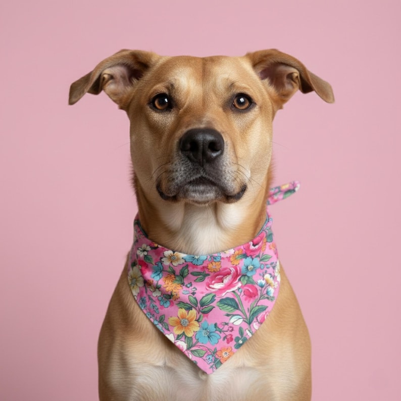 Spring Floral Dog Bandana Pink Cotton Pet Neck Scarf Garden Puppy Accessory Cottagecore Style Family Photoshoot New Puppy Gift Idea