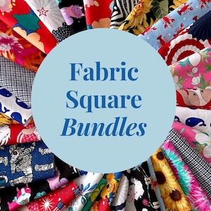 May include: A variety of colorful fabric squares arranged in a circle with the text "Fabric Square Bundles" in the center.
