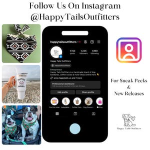 May include: Instagram post promoting Happy Tails Outfitters. The image includes a dog bandana, a tumbler with a French Bulldog design, and two dogs wearing bandanas. The post encourages followers to view new releases.