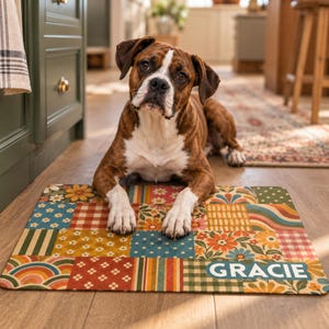 May include: A rectangular floor mat featuring a colorful patchwork design with floral, checkered, and striped patterns in shades of orange, blue, green, and cream. The name GRACIE is printed in white capital letters on a dark blue rectangular background.