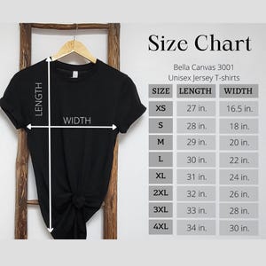 Puede incluir: Tabla de tallas para camisetas de jersey unisex Bella Canvas 3001. La tabla muestra la longitud y el ancho en pulgadas para las tallas XS a 4XL.
