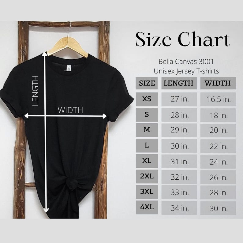 Puede incluir: Tabla de tallas para camisetas de jersey unisex Bella Canvas 3001. La tabla muestra la longitud y el ancho en pulgadas para las tallas XS a 4XL.